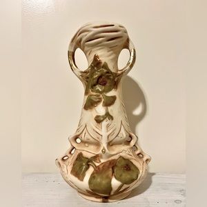 Antique Royal Dux Art Nouveau Vase Ivory Tone & Green Floral Motif